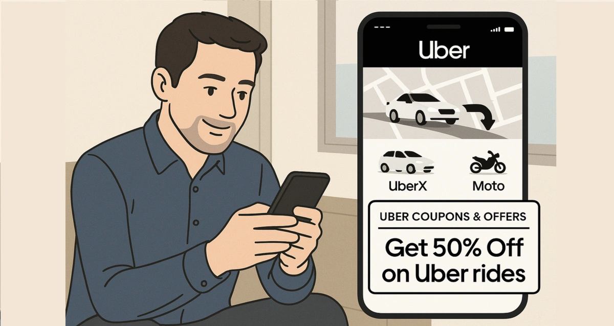 People booking an Uber ride on their phone using discount coupons on a travel deals website.